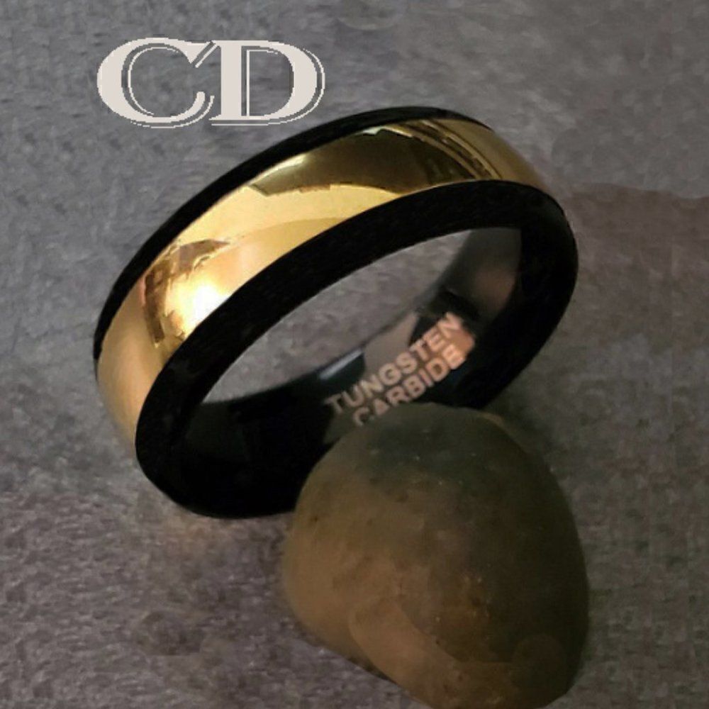 Men's Real Gold and Black Tungsten Wedding Ring  - 14K Gold Coated Black Band